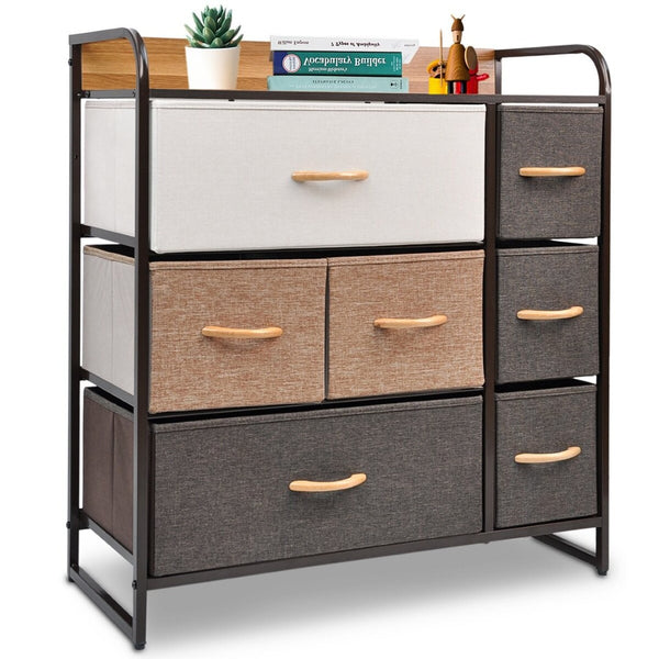 HomeRoots 32" Brown Fabric and Steel Accent Chest – Stylish Storage with 7 Drawers and 2 Shelves for Any Space 470356