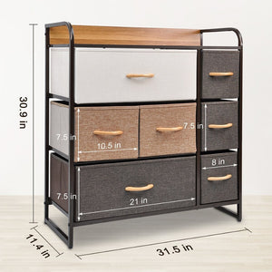 HomeRoots 32" Brown Fabric and Steel Accent Chest – Stylish Storage with 7 Drawers and 2 Shelves for Any Space 470356