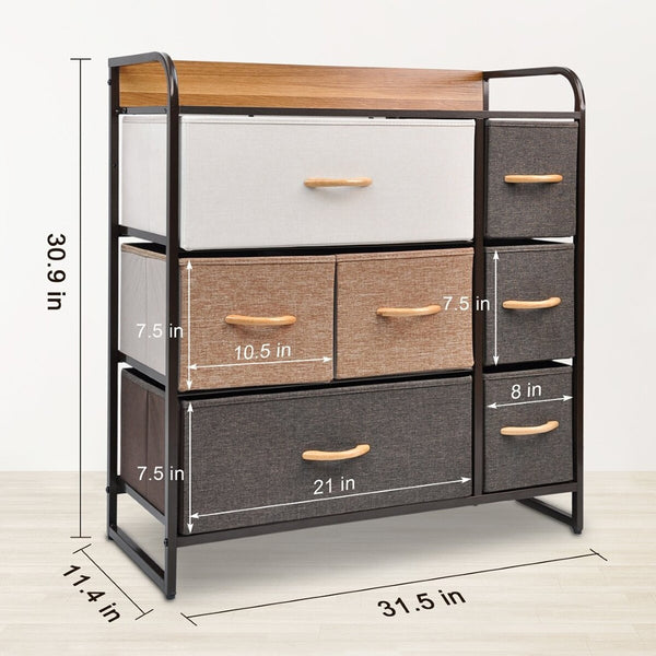 HomeRoots 32" Brown Fabric and Steel Accent Chest – Stylish Storage with 7 Drawers and 2 Shelves for Any Space 470356