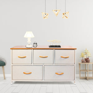 HomeRoots 39" Stylish White & Natural Fabric Chest with 5 Drawers, 2 Shelves for Organized Storage & Decor 470357