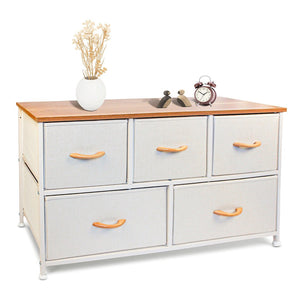 HomeRoots 39" Stylish White & Natural Fabric Chest with 5 Drawers, 2 Shelves for Organized Storage & Decor 470357