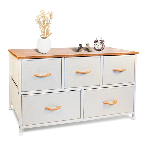 HomeRoots 39" Stylish White & Natural Fabric Chest with 5 Drawers, 2 Shelves for Organized Storage & Decor 470357