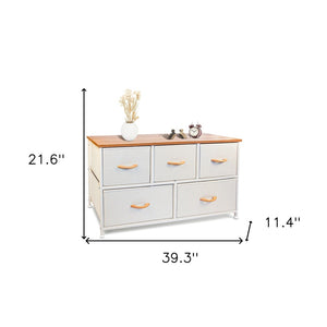 HomeRoots 39" Stylish White & Natural Fabric Chest with 5 Drawers, 2 Shelves for Organized Storage & Decor 470357