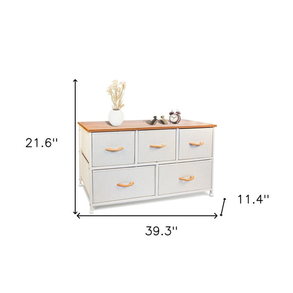 HomeRoots 39" Stylish White & Natural Fabric Chest with 5 Drawers, 2 Shelves for Organized Storage & Decor 470357