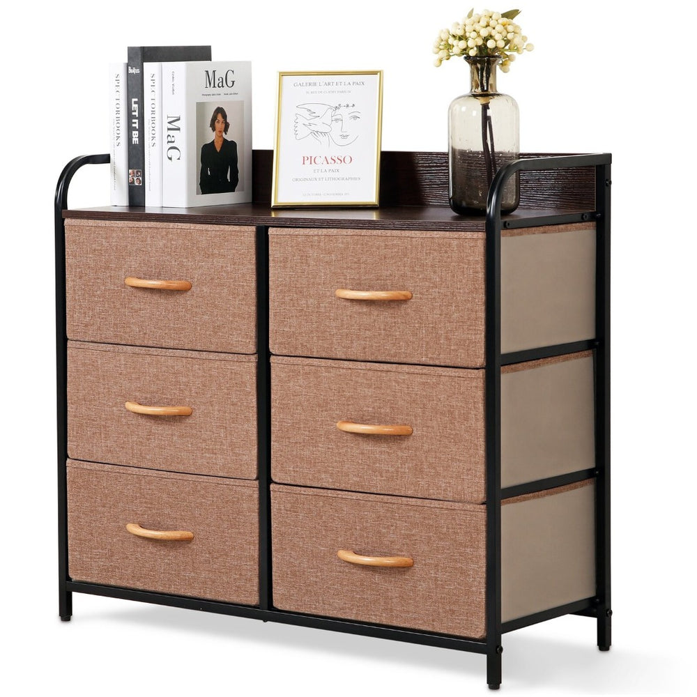 HomeRoots 31" Brown Fabric and Metal Accent Chest - Stylish Storage with Six Drawers and Two Shelves for Any Space 470359
