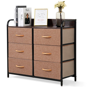 HomeRoots 31" Brown Fabric and Metal Accent Chest - Stylish Storage with Six Drawers and Two Shelves for Any Space 470359