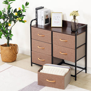 HomeRoots 31" Brown Fabric and Metal Accent Chest - Stylish Storage with Six Drawers and Two Shelves for Any Space 470359