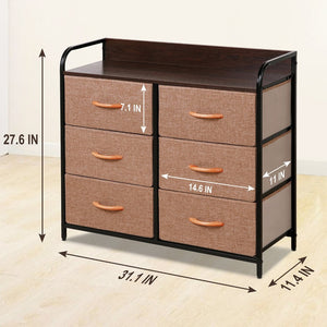 HomeRoots 31" Brown Fabric and Metal Accent Chest - Stylish Storage with Six Drawers and Two Shelves for Any Space 470359