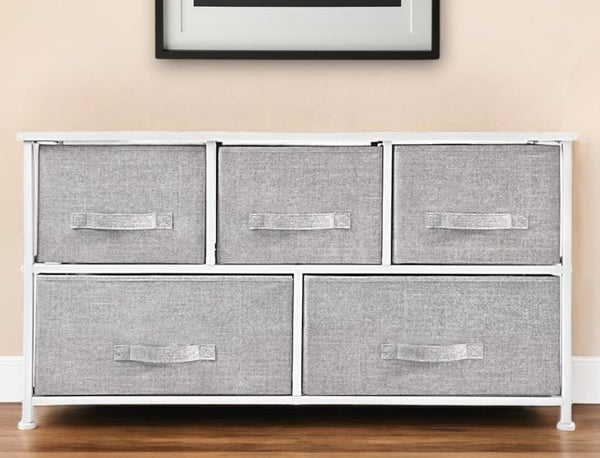 Homeroots 39" Gray And White Steel And Fabric Five Drawer Dresser  Steel And Fabric 470360