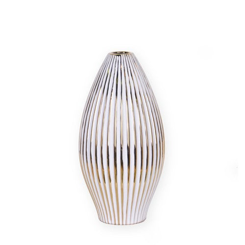 Homeroots 14" White And Gold Ceramic Striped Bud Vase  Ceramic 470380