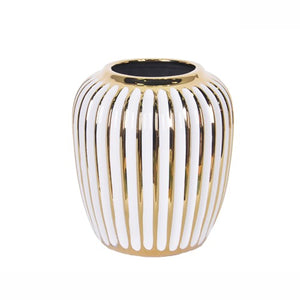 Homeroots 9" White And Gold Ceramic Striped Round Table Vase  Ceramic 470381