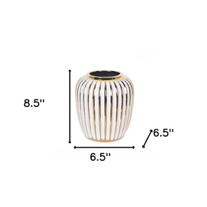 Homeroots 9" White And Gold Ceramic Striped Round Table Vase  Ceramic 470381