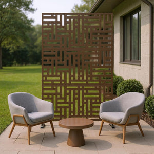HomeRoots 76" Stylish Brown Steel Three-Panel Room Divider - Durable, Elegant Privacy Screen for Home & Patio 470394