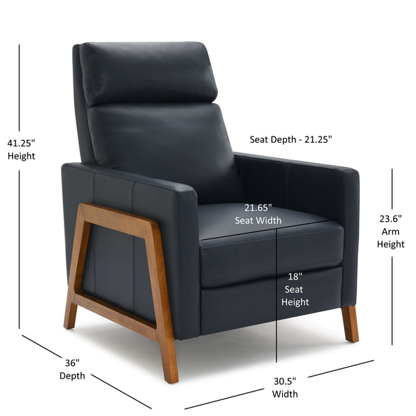 English Elm Richland Top-Grain Leather Push Back Recliner in Midnight Blue with Exposed Wood Frame, Cozy Seat Comfort B050P366073
