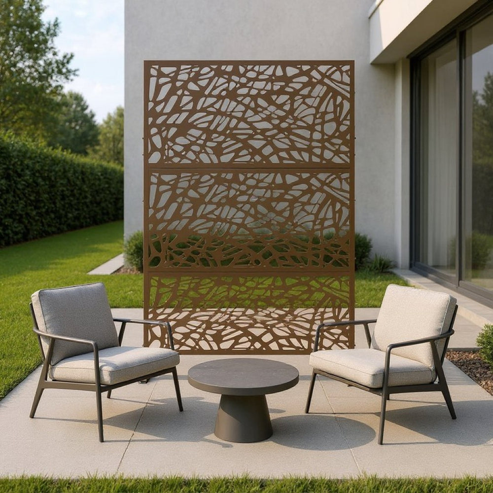 HomeRoots 76" Brown Steel Three-Panel Room Divider Screen - Elegant Privacy Solution with Reversible Design 470400