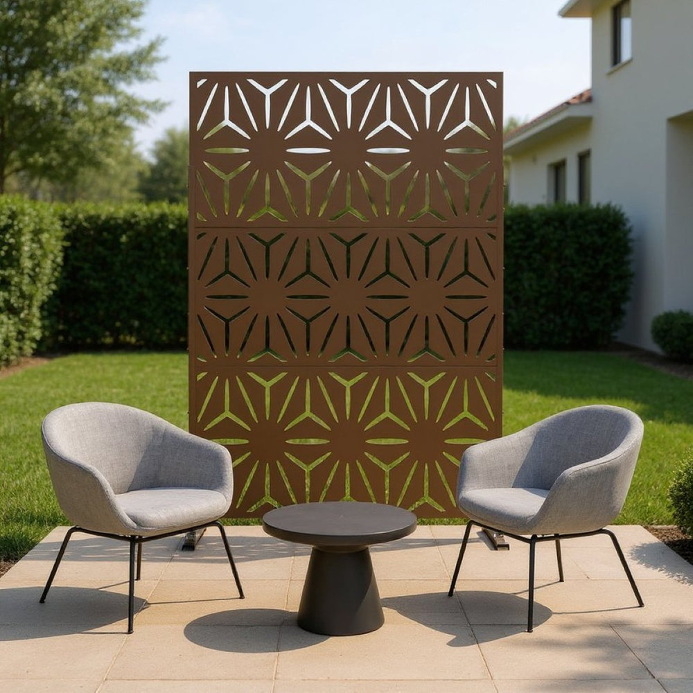 HomeRoots 76" Brown Steel Three Panel Room Divider - Elegant Translucent Screens for Indoor & Outdoor Spaces 470406