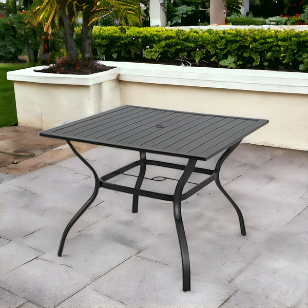 Homeroots 37" Black Square Metal Outdoor Dining Table With Umbrella Hole  Metal 470421