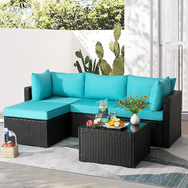 Homeroots Aqua And Brown Wicker L Shape Three Piece Sofa Set Blue Rattan 470432