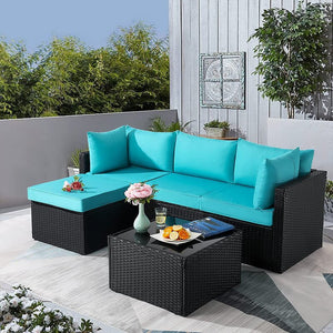 Homeroots Aqua And Brown Wicker L Shape Three Piece Sofa Set Blue Rattan 470432
