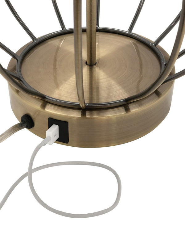 Wildwood Asher Open-Frame Antique Brass Table Lamp With Tan Linen Shade, Built-In Usb & Data Port For Hotels 47044