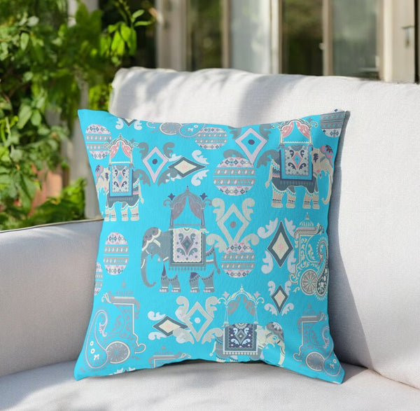 Homeroots 26" X 26" Blue Elephant Indoor Outdoor Throw Pillow   470456