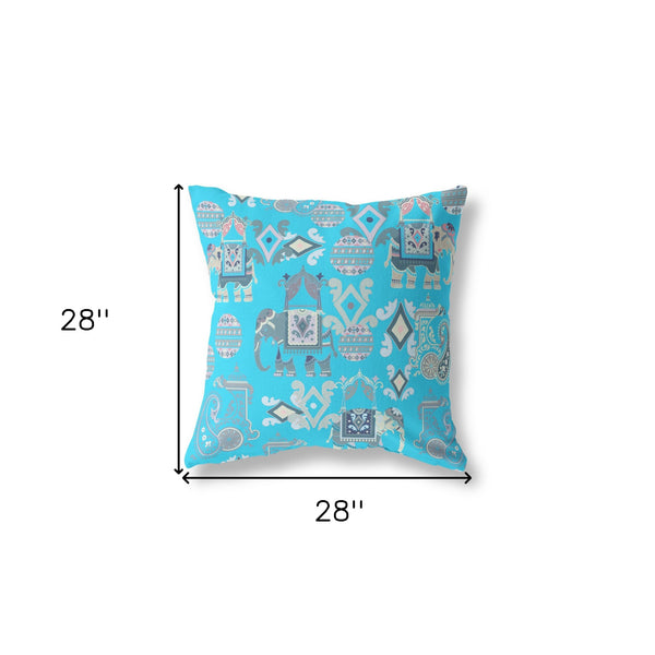 Homeroots 28" X 28" Blue Elephant Indoor Outdoor Throw Pillow   470457
