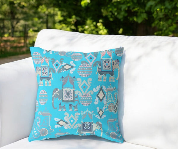 Homeroots 28" X 28" Blue Elephant Indoor Outdoor Throw Pillow   470457
