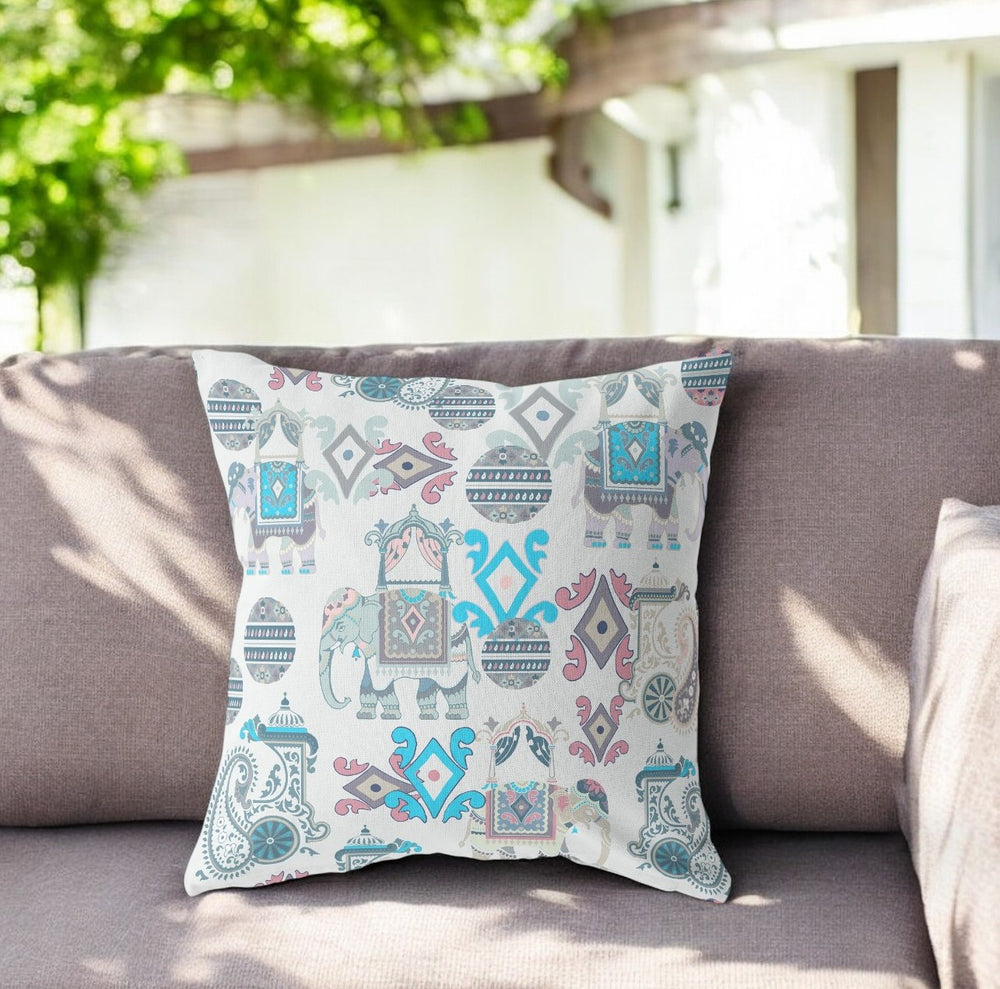 Homeroots 26" X 26" Blue And White Elephant Indoor Outdoor Throw Pillow   470461