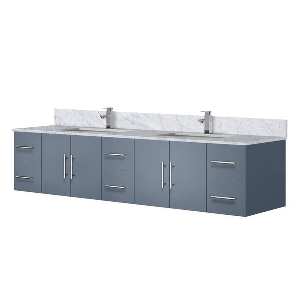 English Elm Dark Grey 84in Double Bath Vanity with Carrara Marble Top, Faucet Set, Soft-Close Drawers & Shelf B2731P258746