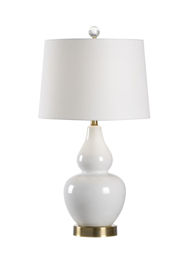 Wildwood Ellis White Ceramic Gourd Lamp With Linen Shade, Antique Brass Accents & Usb Port For Charging 47048