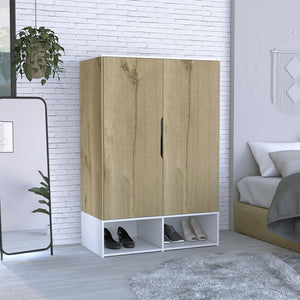 English Elm Armoire, Spacious Engineered Wood Wardrobe with Two Drawers, Hanging Rod and Hidden Storage Appeal Beige 51.97 L x 23.62 W x 5.51 H B097S00173