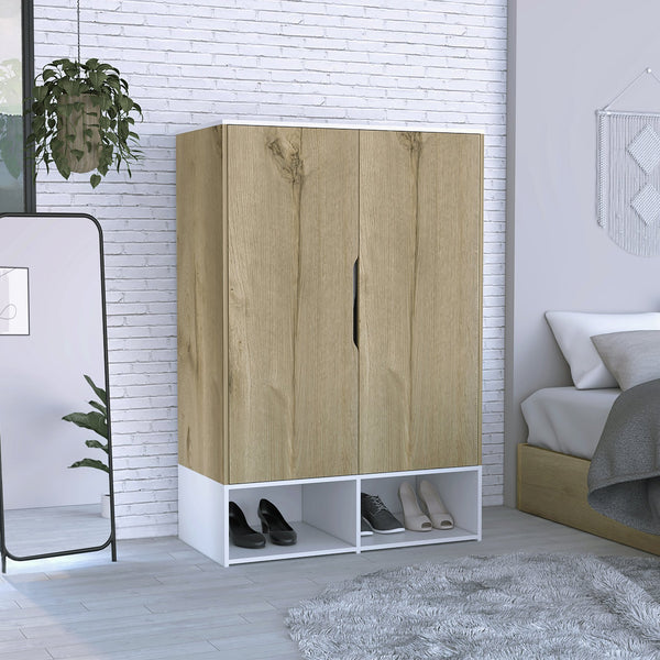 English Elm Armoire, Spacious Engineered Wood Wardrobe with Two Drawers, Hanging Rod and Hidden Storage Appeal Beige 51.97 L x 23.62 W x 5.51 H B097S00173