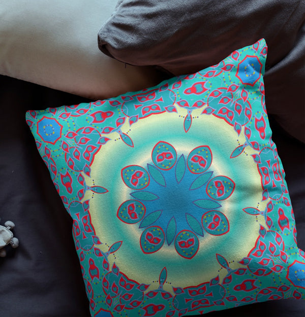 Homeroots 28" X 28" Green And Red Blown Seam Geometric Indoor Outdoor Throw Pillow   470497