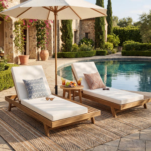 English Elm Lounge Chaise Outdoor Acacia Wood Slatted Frame with Water Resistant Cushion Resort Style N770P442L5429CUSH