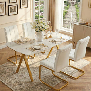 English Elm Modern-style Marble Glass Dining Table Seats Six with Sleek Black Metal Legs W5123P397477