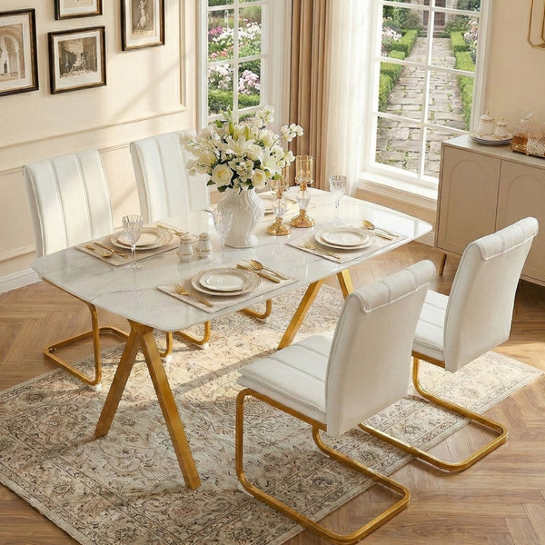 English Elm Modern-style Marble Glass Dining Table Seats Six with Sleek Black Metal Legs W5123P397477