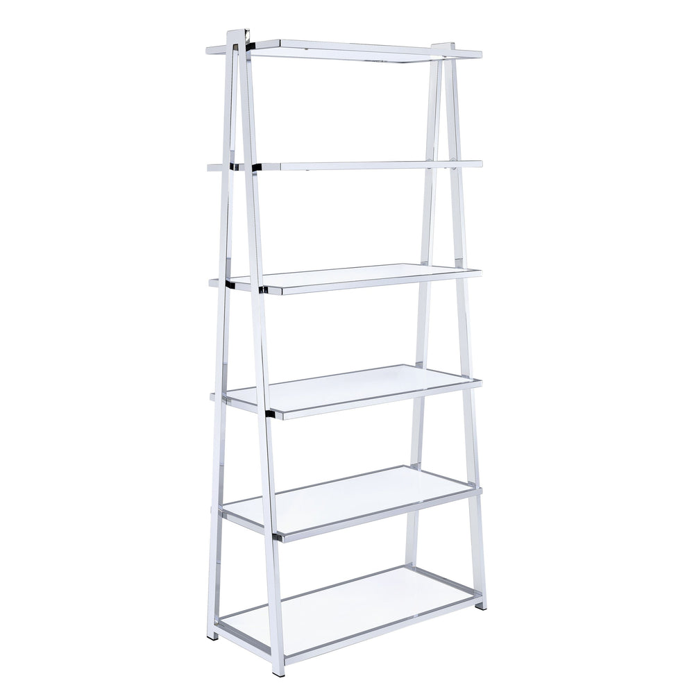 English Elm White White High Gloss and Chrome 6-Shelf Bookshelf 71.5" H Modern Open-Back Storage for Living Room B062S00483