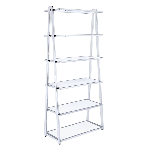 English Elm White White High Gloss and Chrome 6-Shelf Bookshelf 71.5" H Modern Open-Back Storage for Living Room B062S00483