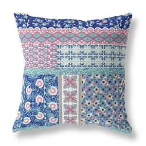Homeroots 26" X 26" Blue And Pink Zippered Patchwork Indoor Outdoor Throw Pillow Cover & Insert   470531