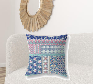 Homeroots 26" X 26" Blue And Pink Zippered Patchwork Indoor Outdoor Throw Pillow Cover & Insert   470531