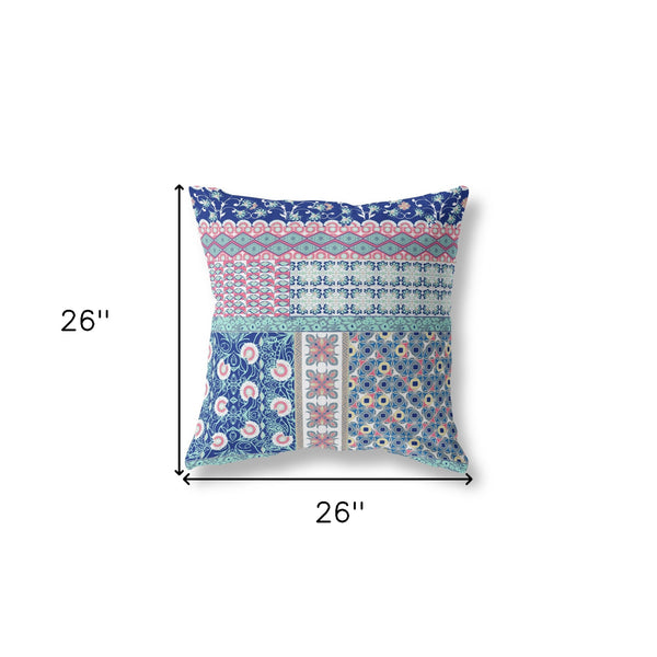 Homeroots 26" X 26" Blue And Pink Zippered Patchwork Indoor Outdoor Throw Pillow Cover & Insert   470531