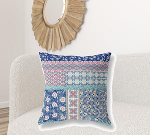 Homeroots 28" X 28" Blue And Pink Zippered Patchwork Indoor Outdoor Throw Pillow Cover & Insert   470532