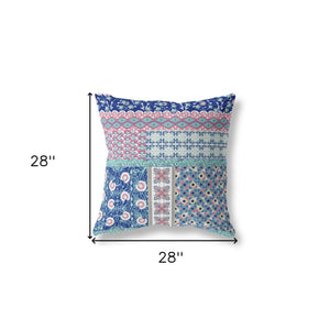 Homeroots 28" X 28" Blue And Pink Zippered Patchwork Indoor Outdoor Throw Pillow Cover & Insert   470532