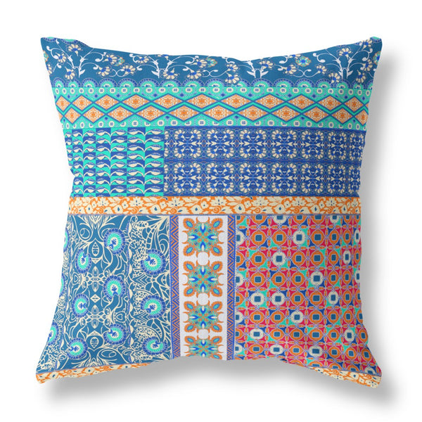 Homeroots 26" X 26" Blue And Orange Zippered Patchwork Indoor Outdoor Throw Pillow Cover & Insert   470541