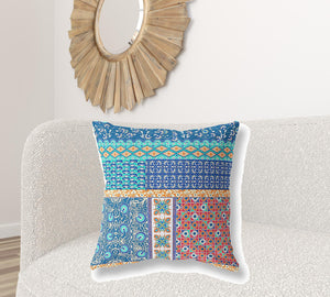 Homeroots 26" X 26" Blue And Orange Zippered Patchwork Indoor Outdoor Throw Pillow Cover & Insert   470541
