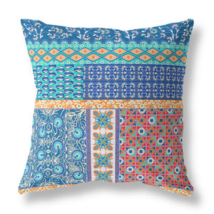 Homeroots 28" X 28" Blue And Orange Zippered Patchwork Indoor Outdoor Throw Pillow Cover & Insert   470542
