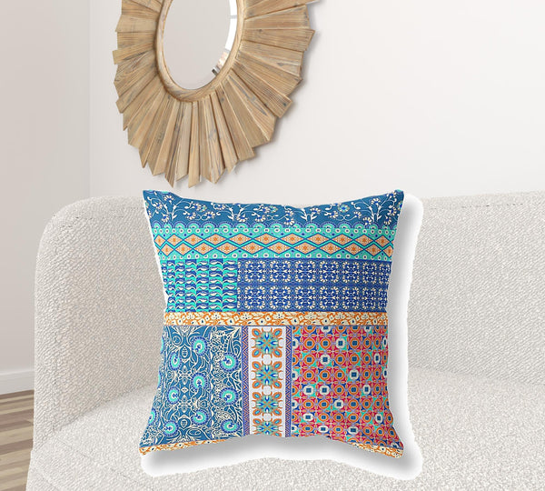 Homeroots 28" X 28" Blue And Orange Zippered Patchwork Indoor Outdoor Throw Pillow Cover & Insert   470542