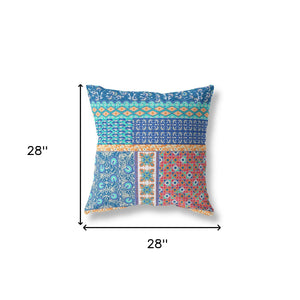 Homeroots 28" X 28" Blue And Orange Zippered Patchwork Indoor Outdoor Throw Pillow Cover & Insert   470542