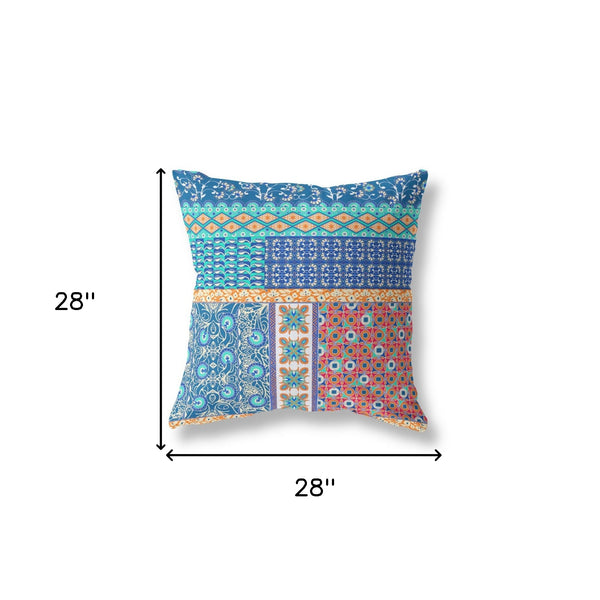 Homeroots 28" X 28" Blue And Orange Zippered Patchwork Indoor Outdoor Throw Pillow Cover & Insert   470542