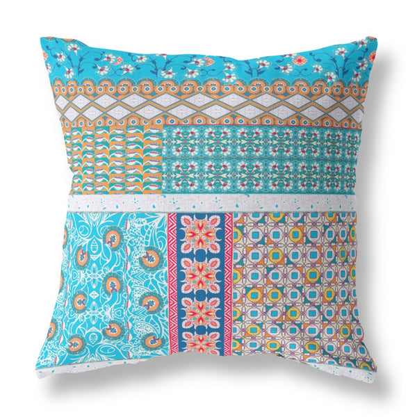 Homeroots 26" X 26" Turquoise Zippered Patchwork Indoor Outdoor Throw Pillow Cover & Insert   470556